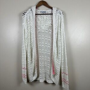 SWTR‎ Women's Small Hooded Cardigan White Pink Open Knit Boho NEW